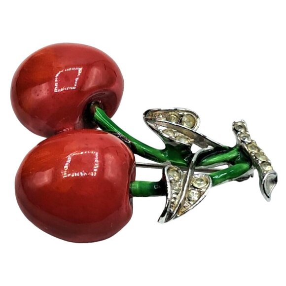 Vintage Cherry Brooch Enamel With Clear Rhinestone Leaves Figural Pin Costume Je - Picture 3 of 10